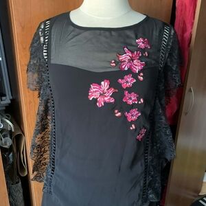 Black Lace Top with Pink Floral Embroidery